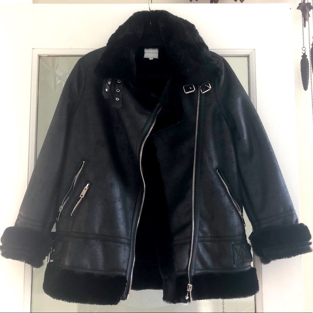 Oversized faux leather fur lined aviator coat